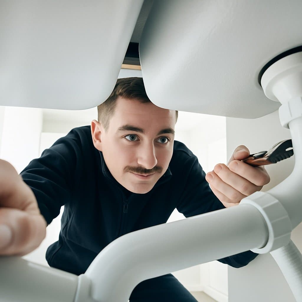A plumber working underneath a sink