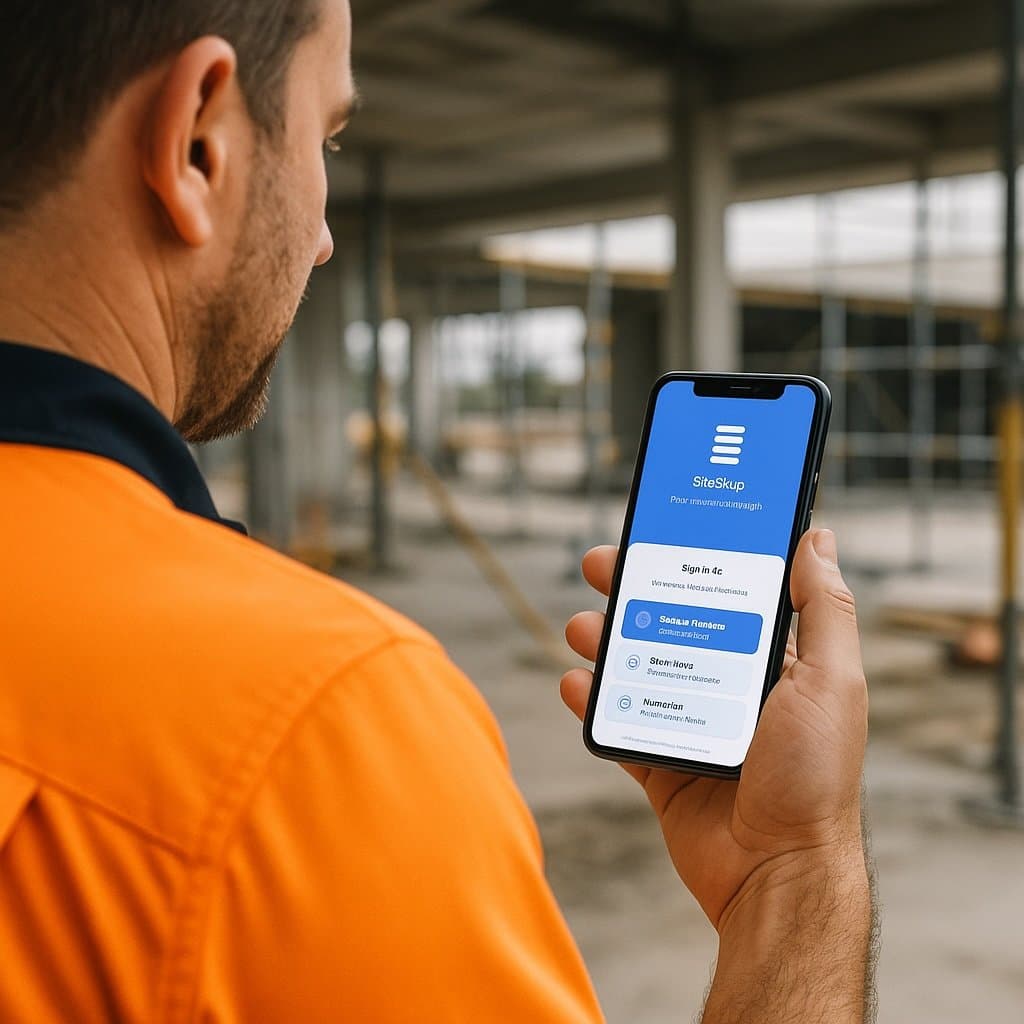 Plumber checking phone on site.